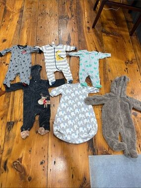 3 to 6 month baby bundle of sleeper, onesies, and teddy bear winter suit